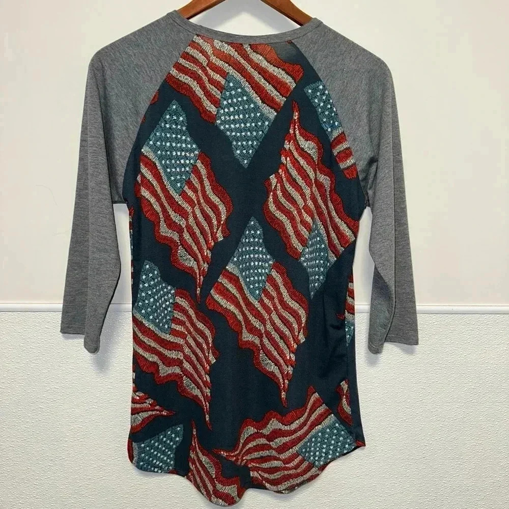Women's LuLaRoe Baseball Tee Shirt, S, Navy Red Grey American Flag - Picture 3 of 9